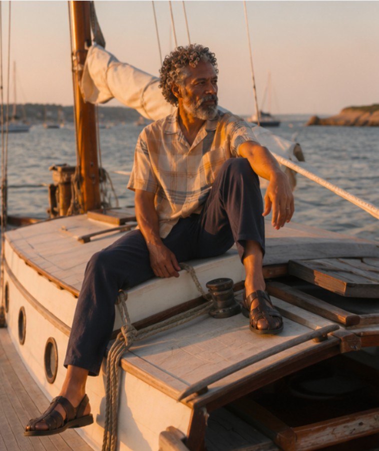 Editorial image of model seated on a sailboat